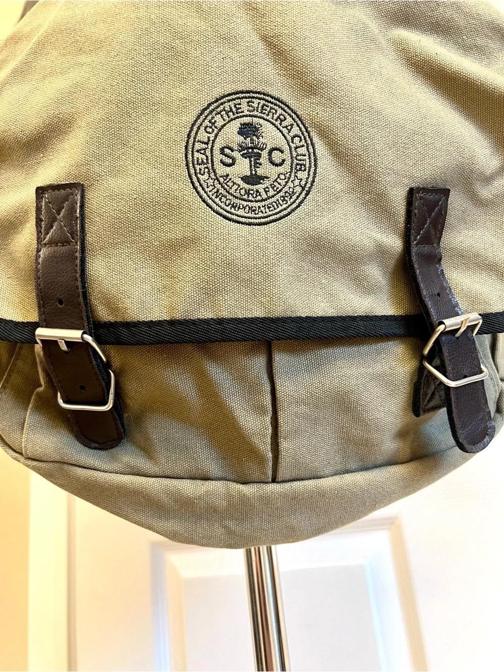Vintage Sierra Club Khaki Canvas Messenger Shoulder Bag Leather Buckle Utility